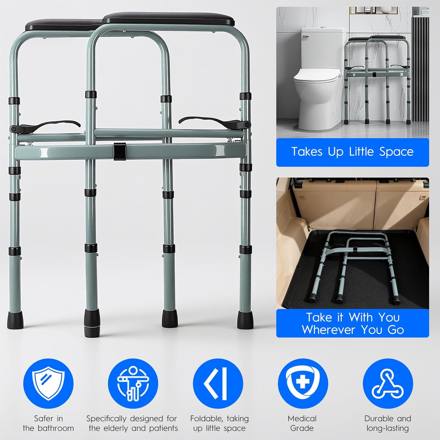 Toilet Safety Rail for Seniors – Adjustable & Foldable Toilet Safety Frame with Padded Handles, Stand Alone Bathroom Safety Rail & Toilet Support for Elderly, Fits Most Toilets, 350 lb Capacity