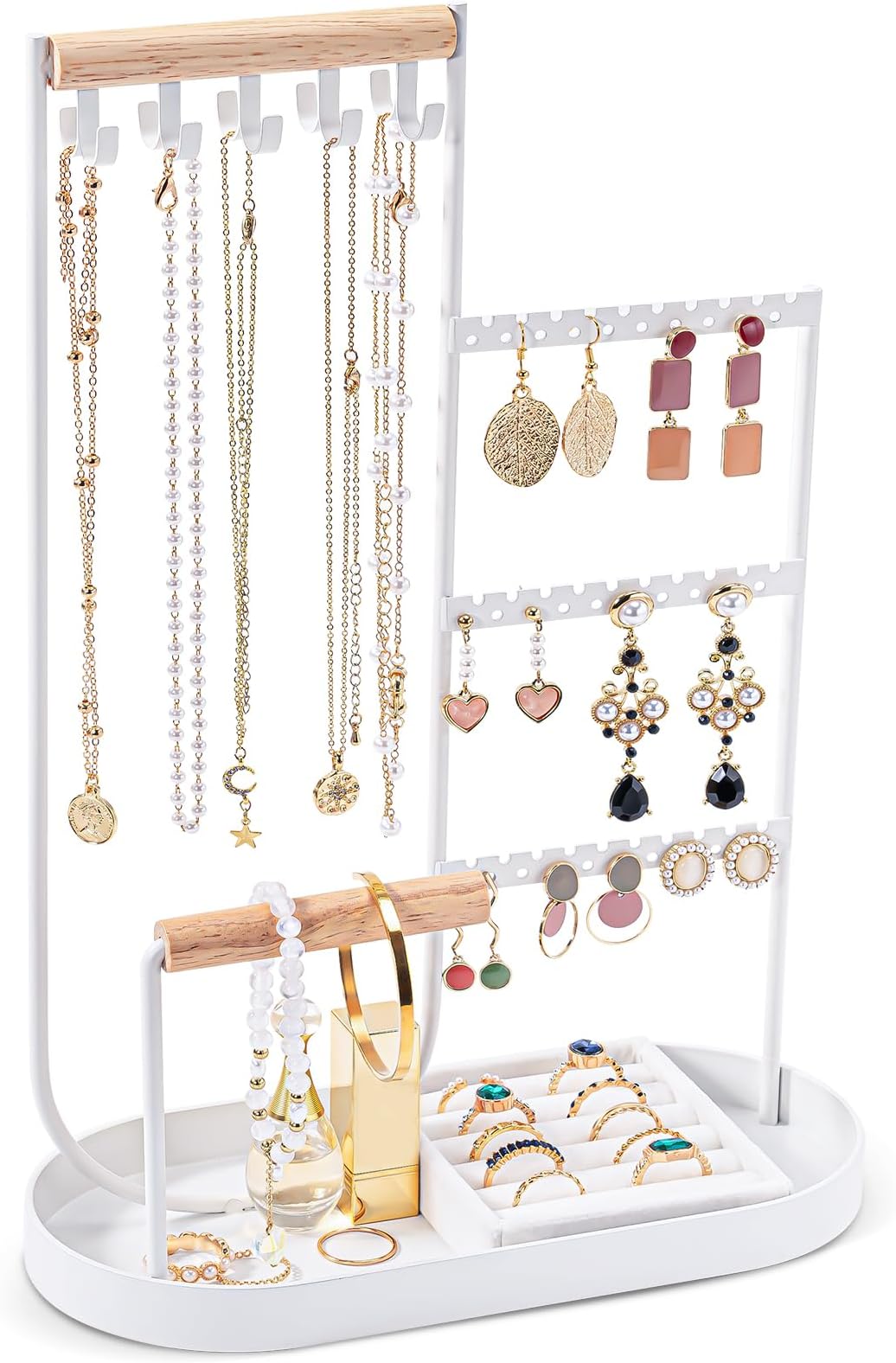 ProCase Jewelry Organiser Jewelry Holder Jewelry Stand with Velvet Ring Tray and Study Metal Frame, Necklace Holder Organizer Bracelet Display Storage Rack for Studs Rings -White