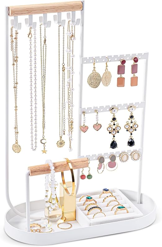 ProCase Jewelry Organizer Tower, 10 Hooks Jewelry Storage Rack Tree Holder Stand with Velvet Ring Display Tray for Necklaces Bracelets Earrings Rings Watches -White