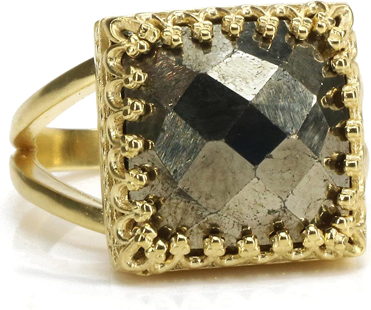 Intricate Pyrite Ring - Handmade Square Ring for Engagement, Wedding, Rings for Her - Unique Gold Statement Ring, Stackable Custom Rings for Women - Available in All Ring Sizes