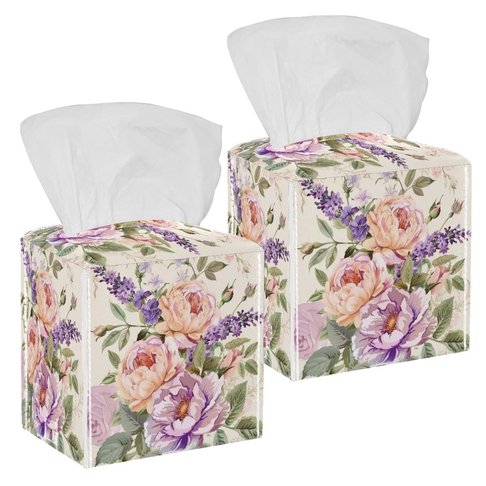 Roses Lavender Peony Tissue Box Cover, 2 Pack PU Leather Square Facial Tissue Dispenser Box holder for Home Office Car