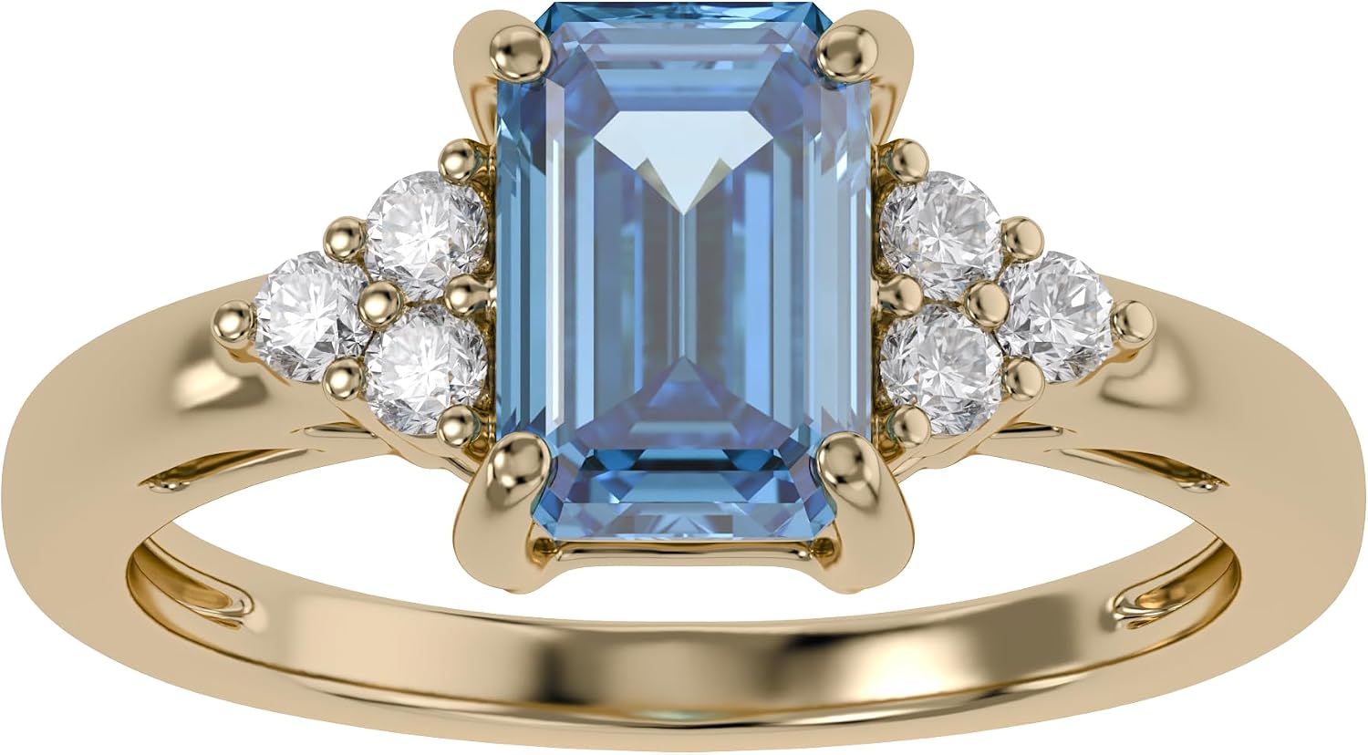 Solitaire Ring for Women 8X6MM Emerald Cut Simulated Blue Aquamarine with White Topaz Engagement Ring in 14K Gold Plated 925 Sterling Silver Jewelry for Her