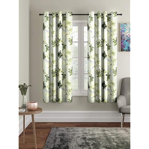 Home Sizzler 2 Pieces 3D Flower Eyelet Polyester Window Curtains - 5 Feet, Green