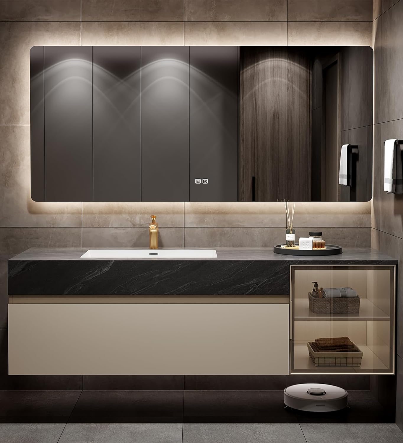 Single Sink Bath Vanity, Modern Bathroom Vanities Set Include Smart Defog Mirror and Solid Wood Bathroom Cabinet with Drawers, Wall Mount Vanities with Glass Door and Accessories (Beige,72")