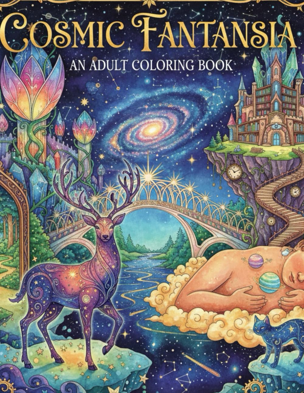 Cosmic Fantansia ,– A Mythical Coloring Journey for Adults ,Ocean worlds floating among stars: Hidden Realms -Imaginary Worlds to Color
