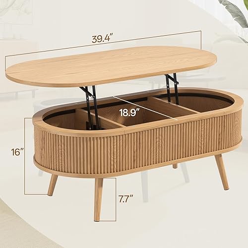 Miniatura 2 de Mesa auxiliar ovalada con almacenamiento, moderna mesa de centro acanalada con parte superior elevadora, mesas de centro pequeñas con Roble