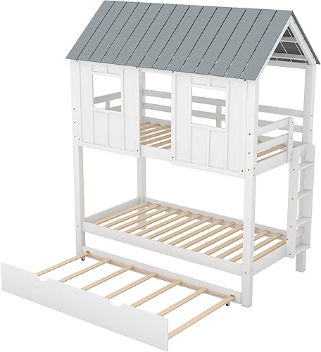 Miniatura 5 de JIVOIT Litera de madera con diseño de techo y ventanas litera individual sobre individual con nido y escalera integrada para niños adolescentes