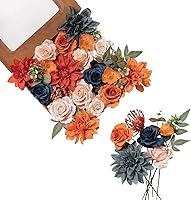 FANKO 28pcs Burnt Orange & Navy Blue Artificial Rose Flowers Kit - Realistic Silk Faux Blooms for Wedding Bouquets, Centerpieces & Home Decor