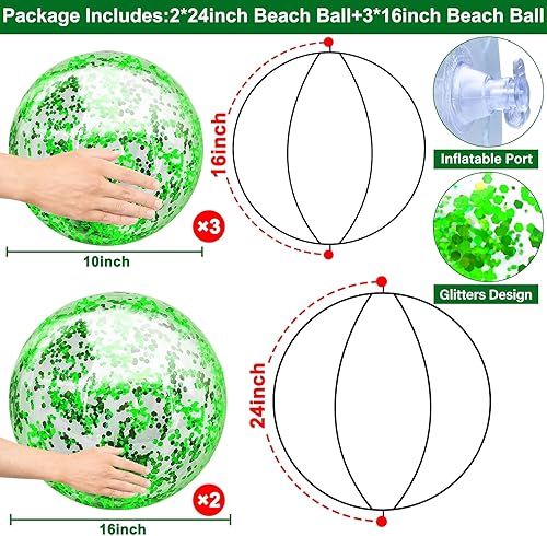 Miniatura 15 de TURNMEON 5 bolas de playa con purpurina, lentejuelas gigantes de 24 pulgadas y 16 pulgadas, bolas de playa inflables rosas para niños y adultos