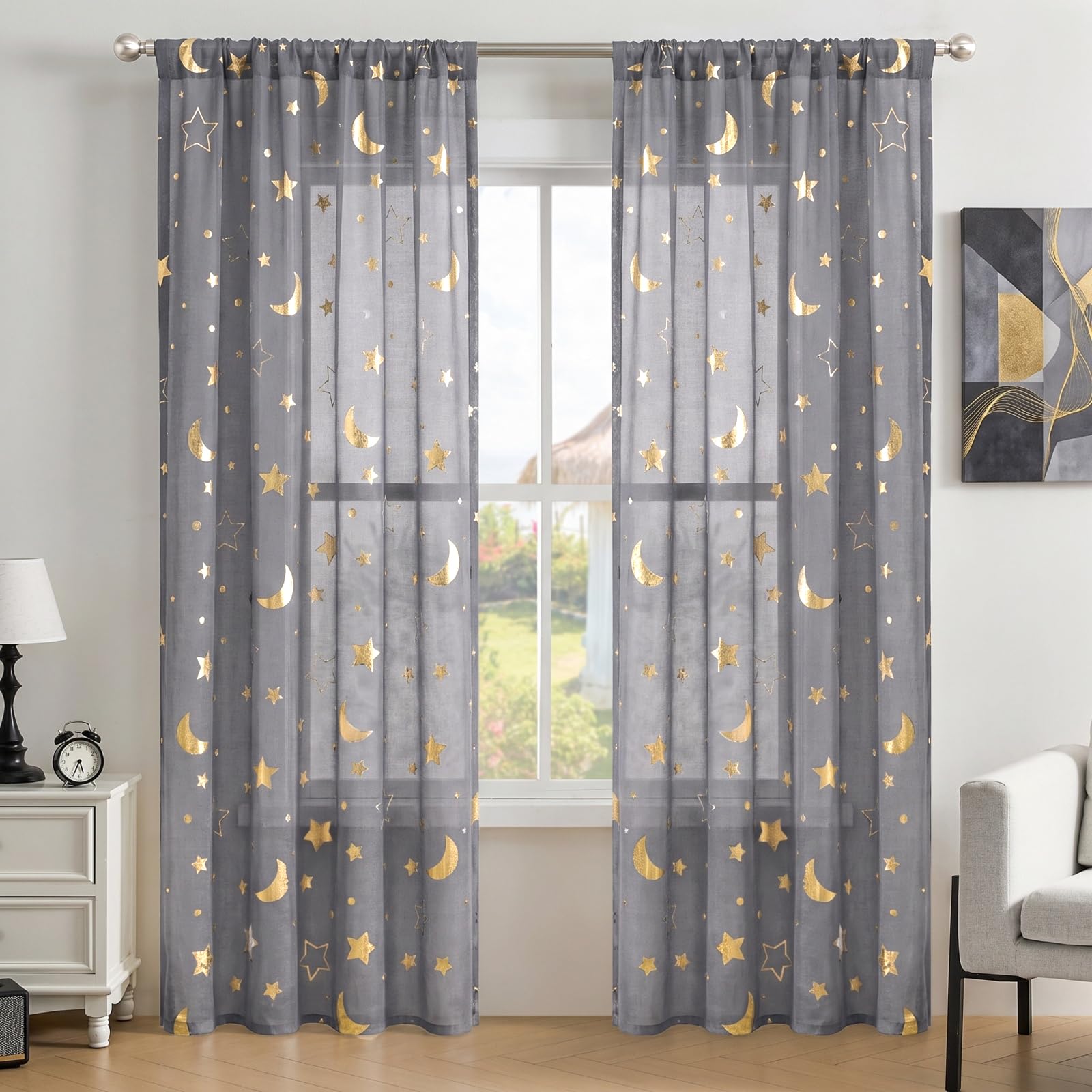 Grey Sheer Curtains with Star and Moon Printed for Boy Bedroom 80 inch Drop
