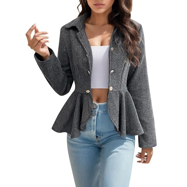 HGps8w Womens Dressy Casual Peplum Ruffle Hem Blazers Elegant Slim Fit Lapel Long Sleeve Work Office Suit Jackets