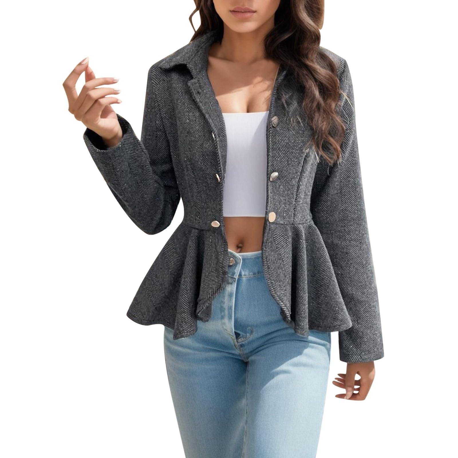 HGps8w Womens Dressy Casual Peplum Ruffle Hem Blazers Elegant Slim Fit Lapel Long Sleeve Work Office Suit Jackets