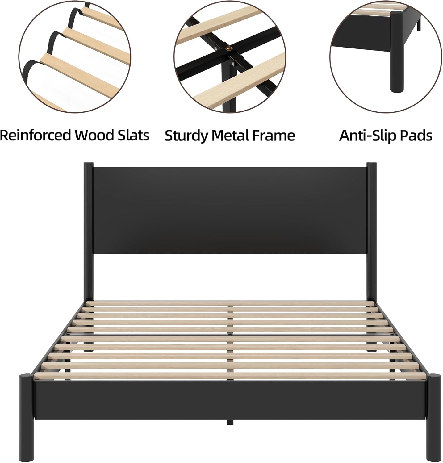 Queen Size Bed Frame with Headboard, Modern Farmhouse Wood Platform Bed, Sturdy Wood Slats Support, Noise-Free & Easy Assembly, No Box Spring Needed, Black