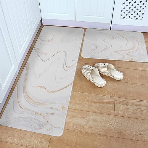 Juego de 2 tapetes y alfombras de cocina de mármol, color blanco, lavables, absorbentes, color gris dorado, alfombra antifatiga para cocina, baño,