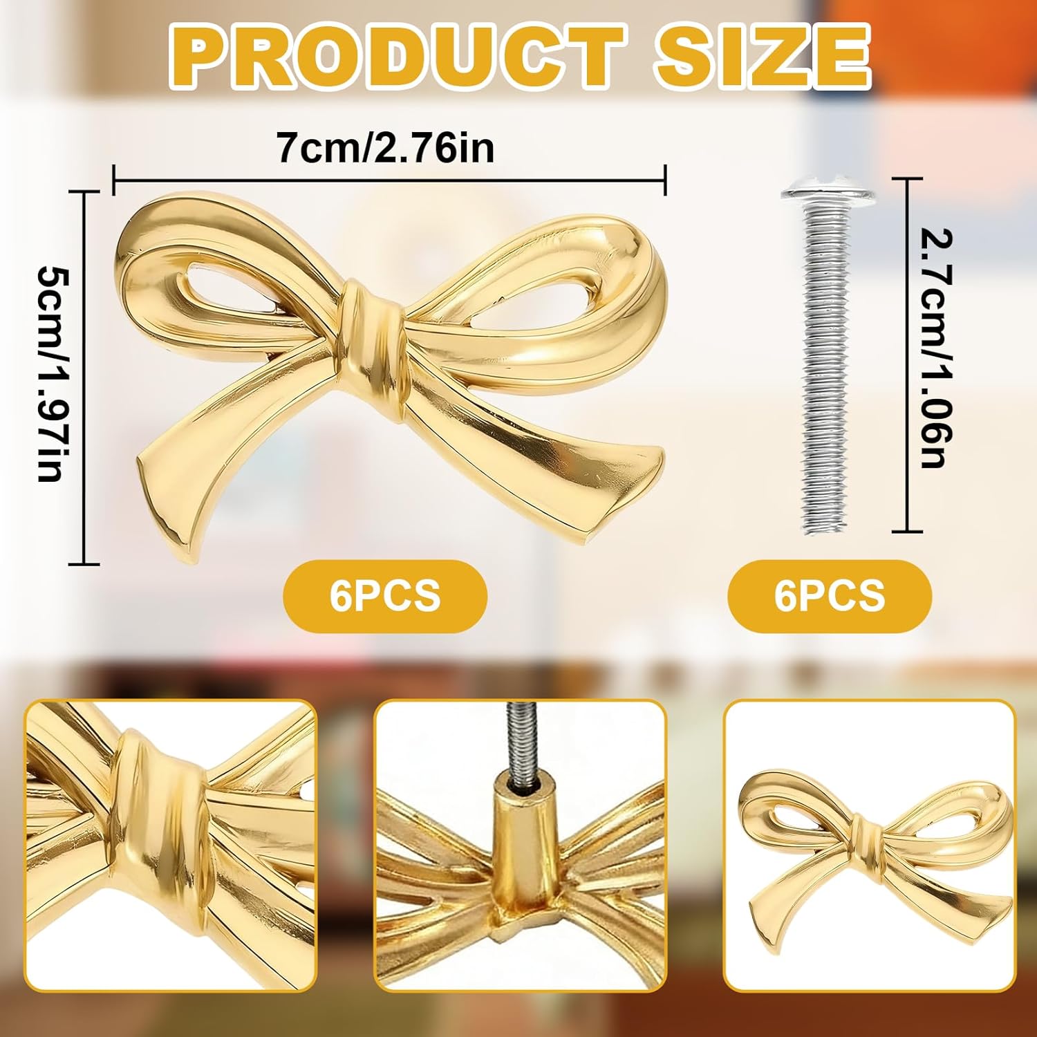 6 Pcs Gold Bow Drawer Knobs Set，Bow Shape Cabinets Knobs Brass Drawer Pulls with Screw Cabinet Handles for Dresser Kitchen Home Cabinets Bedroom Cupboard