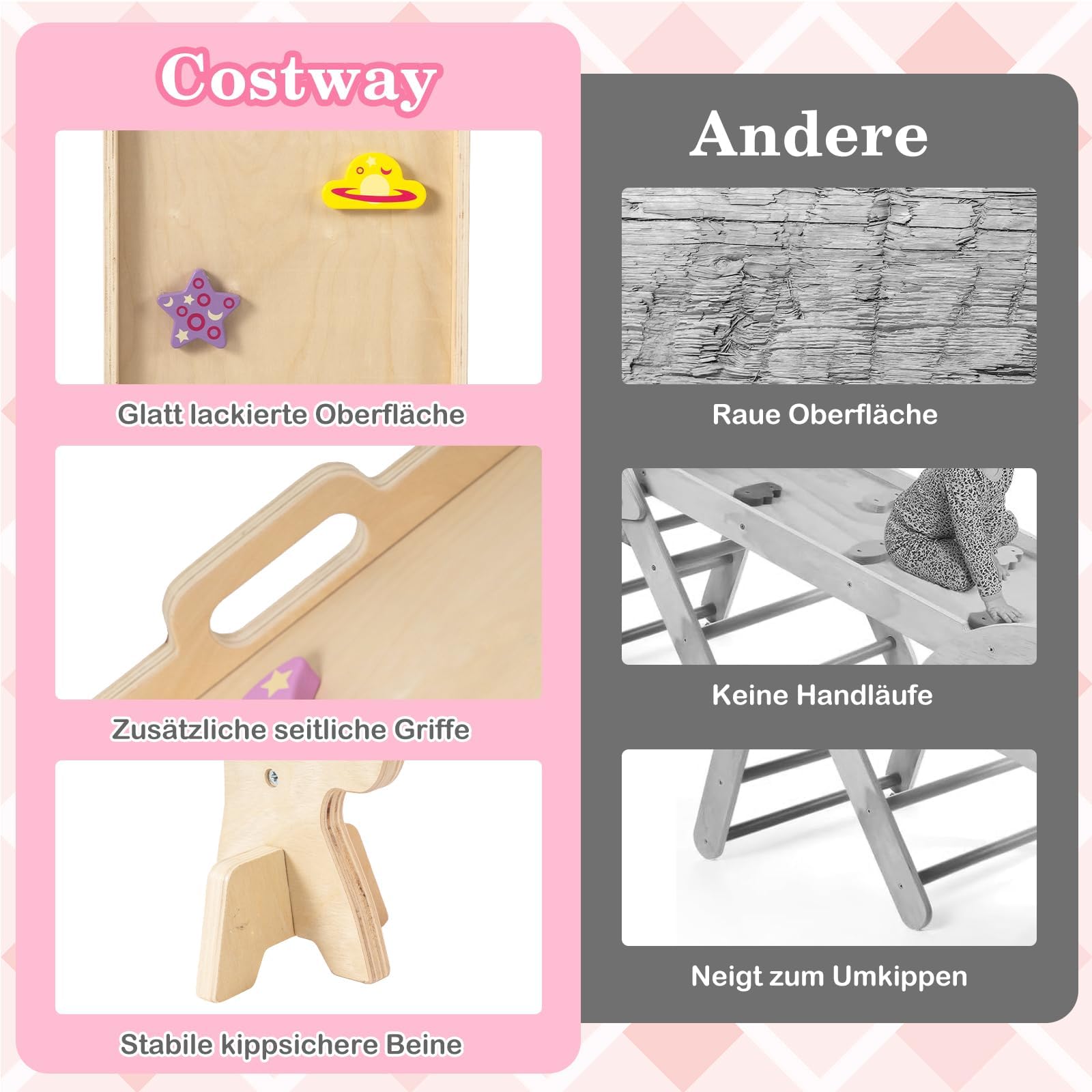 FANTASK Rusztowanie wspinaczkowe 7 w 1, do wnętrz, trójkąt do wspinaczki ze zjeżdżalnią, łuk wspinaczkowy, siatka, w zestawie dwustronna rampa, zestaw klocków i 2 samochody, drewniany jednorożec