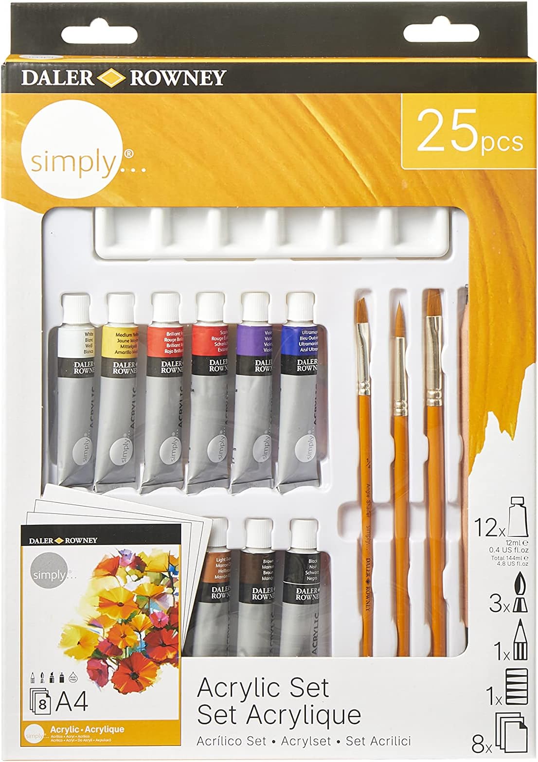 Simply Acrylic Paint 25pcs Technique Set, 12 x 12ml Assorted Colours, Ideal for Entry-Level Artists & Hobbyists