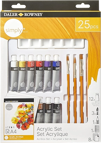 DALER ROWNEY Simply Acrilic Set, Kit Tinta Acrílica Para Iniciantes, 25 peças