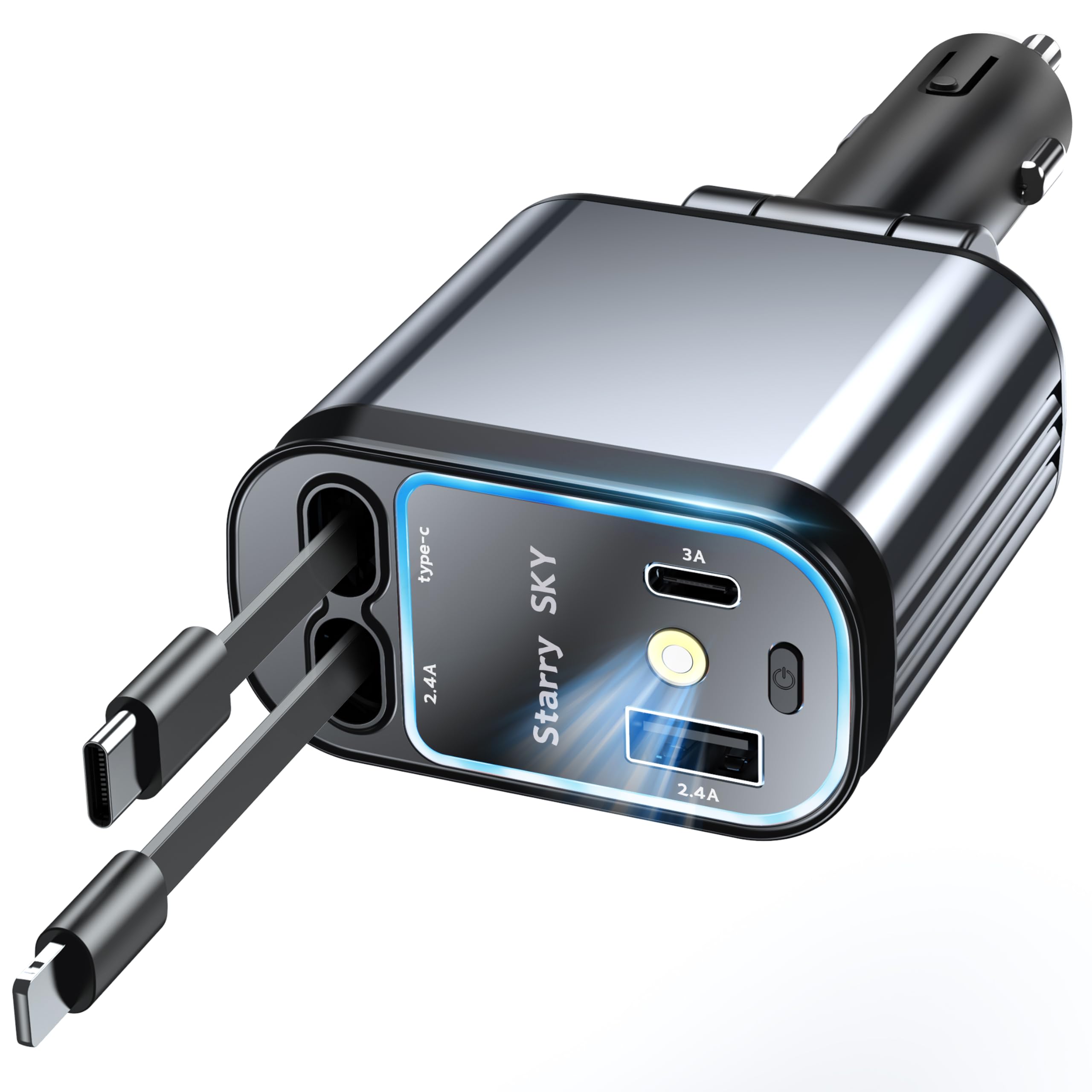Fast Car Charger 4 in 1 Retractable Car Charger 69W with Stary Light,USB-C Fast Car Charger,Compatible iPhone 16/15/14/13/12/11/10All Android phones, Adapter Car Charger Cable Organizer(Alumium Black)
