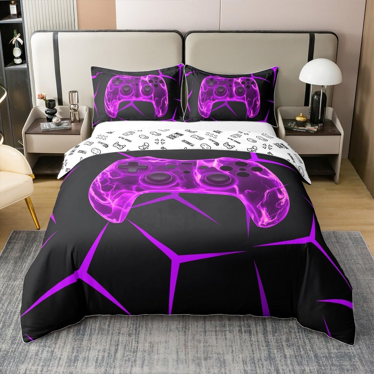 Full Size Duvet Cover Set Gamer 100% Pure Cotton Bedding Set Gaming Honeycomb Purple Comforter Cover 3 PCS Gamepad Game Controller Quilt Cover Luxury Soft,Comforter Not Included