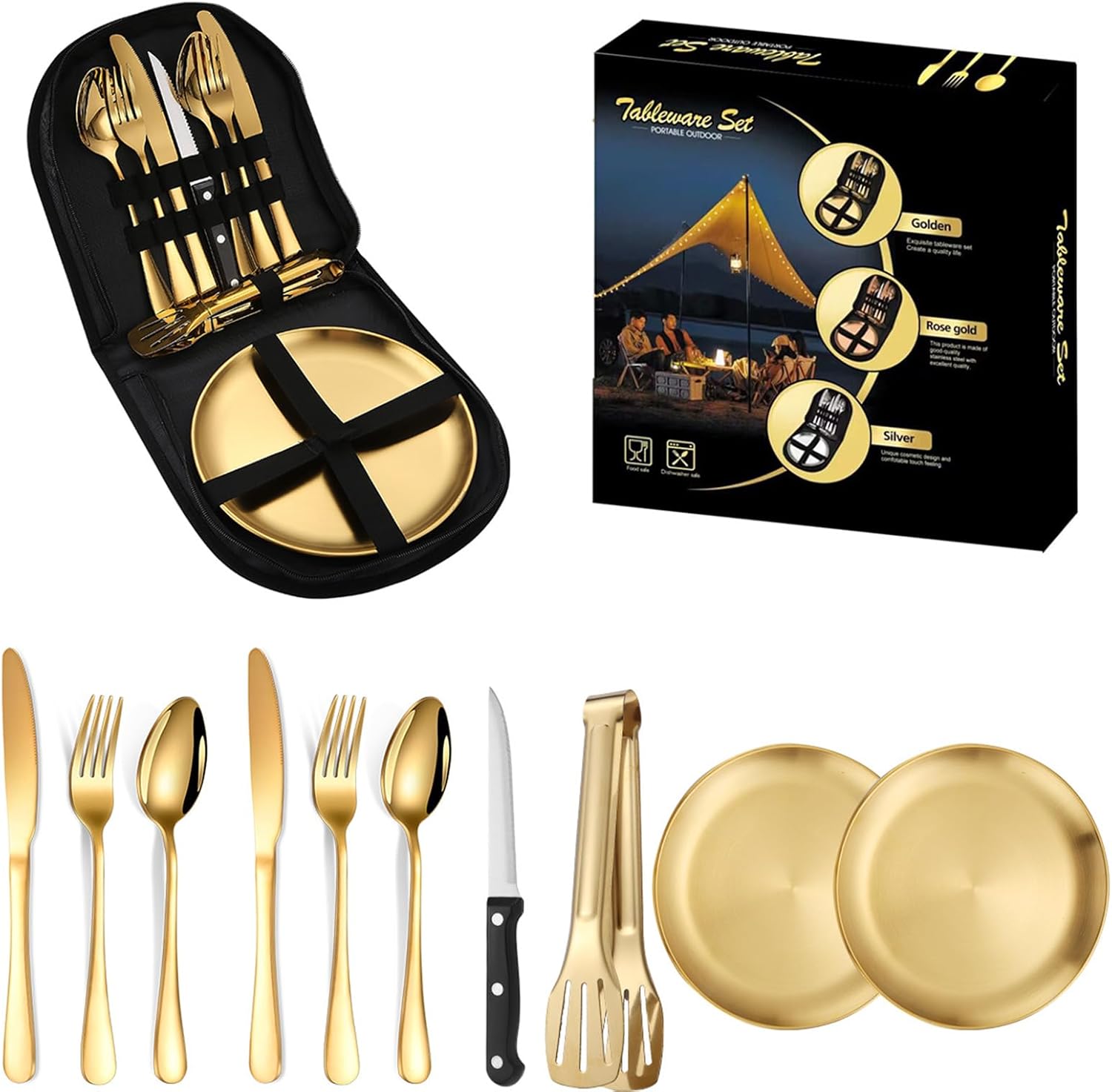 YHOME Camping Utensil Set,Portable Picnic Cutlery Set 10Pcs with Case,Stainless Steel Tableware