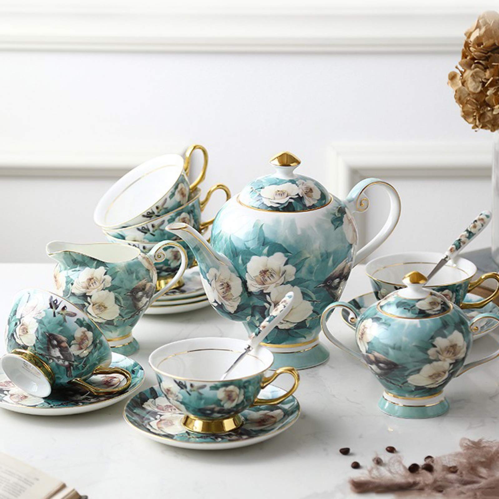 Zestaw do herbaty z czajniczkiem dla dorosłych filiżanek kawy Porcelanowe zestawy na podwieczorek Niebieskie kwiaty Cukiernica Dzbanek mleko Łyżki
