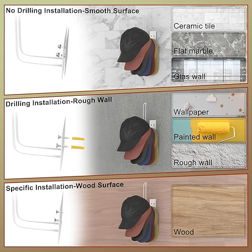 Miniatura 9 de Paquete de 3 percheros antioxidantes, organizador de sombreros para gorras de béisbol, adhesivo sin perforaciónsoporte para sombreros de