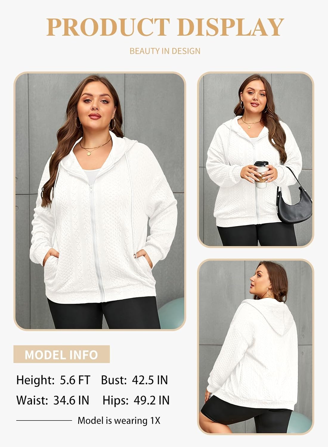 Eytino Womens Plus Size Hoodies Sweatshirt Long Sleeve Zip Up Drawstring Jacket Coat Outwear with Pocket(1X-5X) - Image 3