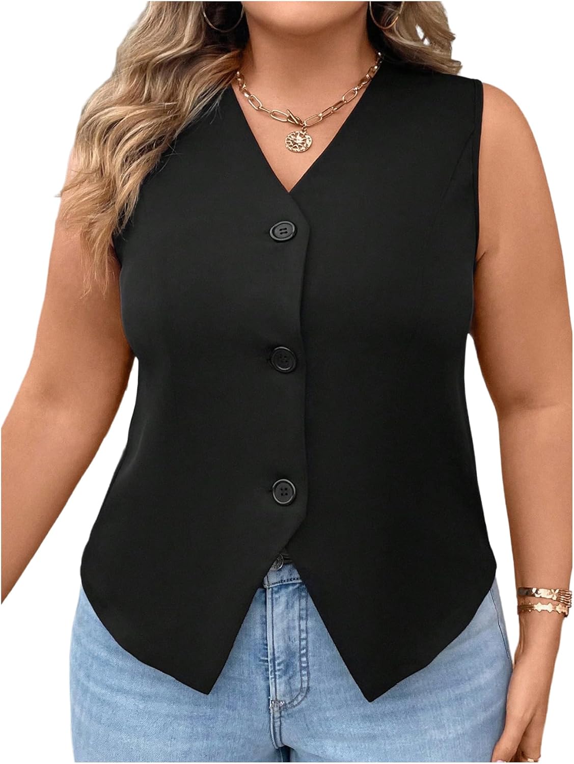 Verdusa Women's Plus Size Button Front Sleeveless Jacket Vest Old Money V Neck Split Blazer Vests