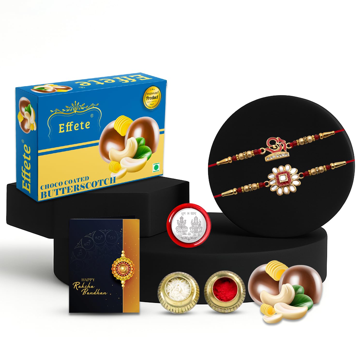 Oblivion (K2_133+134_BS32) Multicolor Rakhi Combo with Effete Chocolate Butter Scotch 32gm, Silver Color Pooja Coin,