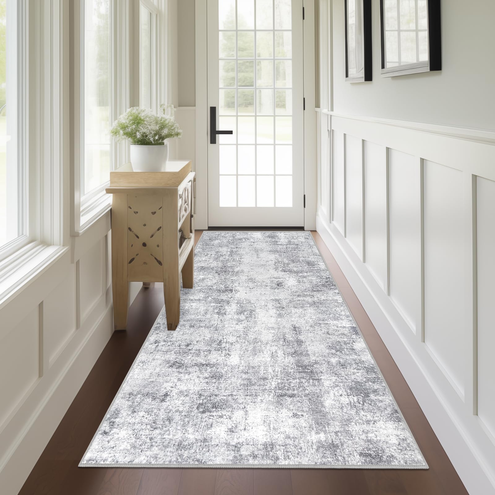 Capslpad 2x6 Grey Abstract Hallway Runner, Ultra Soft Fabric Washable Runner Rug, Non-Slip Rubber Backing, Stain Resistant Low Pile Runners for