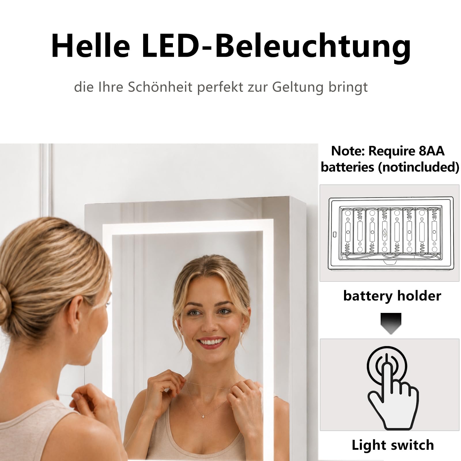 Schmuckschrank，Spiegelschrank, Schmuckschrank mit Spiegel & Touchscreen-LED-Licht, Wandschrank, Wandmontage, an der Tür hängend, Schmuck-Organizer für Ohrringe, Halsketten, Ringe (Weiß, 110x30cm)