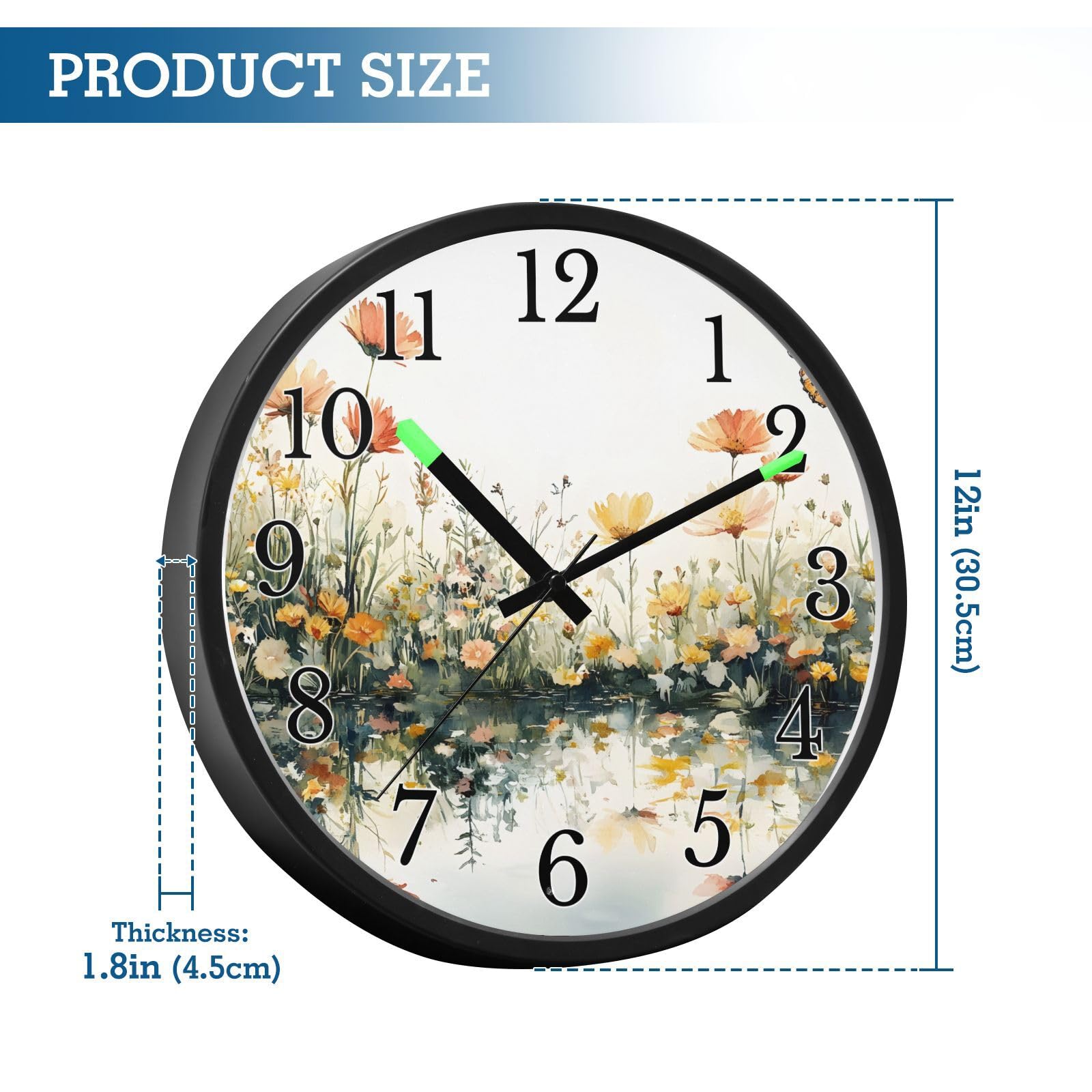 Mnsruu Reloj de pared luminoso con diseño de mariposas y flores, funciona con pilas, reloj silencioso que brilla en la oscuridad, para sala de estar, cocina, 30,5 cm