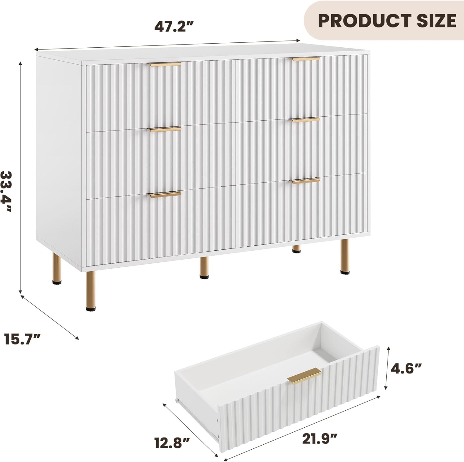 GAOMON Fluted 6 Drawer Wide Dresser, Modern Chest with Spacious Deep Drawers, Wooden Organizer Ideal for Living Room, Hallway, or Kids Room, White