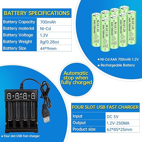 Miniatura 10 de AMZZN 12 pilas recargables AAA Ni-Cd de 1.2 V 700 mAh para luces de jardín, luces solares al aire libre, calculadoras, juguetes para niños, relojes