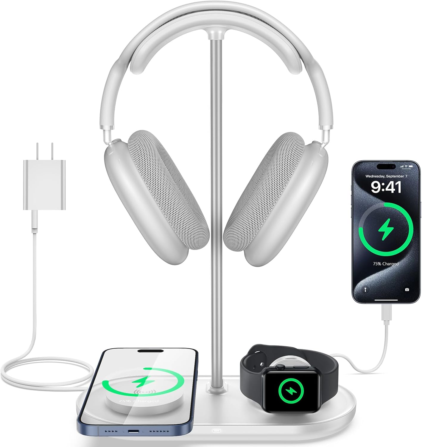 TopMade 5-in-1 Headphone Stand for Desk with Wireless Charger & USB Charger for iPhone/AirPods/iWatch/Samsung, Universal Desktop Headset Stand for AirPods Max, Bose, Beats and More, White