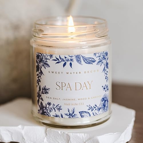 Miniatura 4 de Sweet Water Decor Vela estampada para día de spa, velas de soja con sal marina, jazmín, madera, aroma crema, 40 horas de combustión, tarro de vidrio