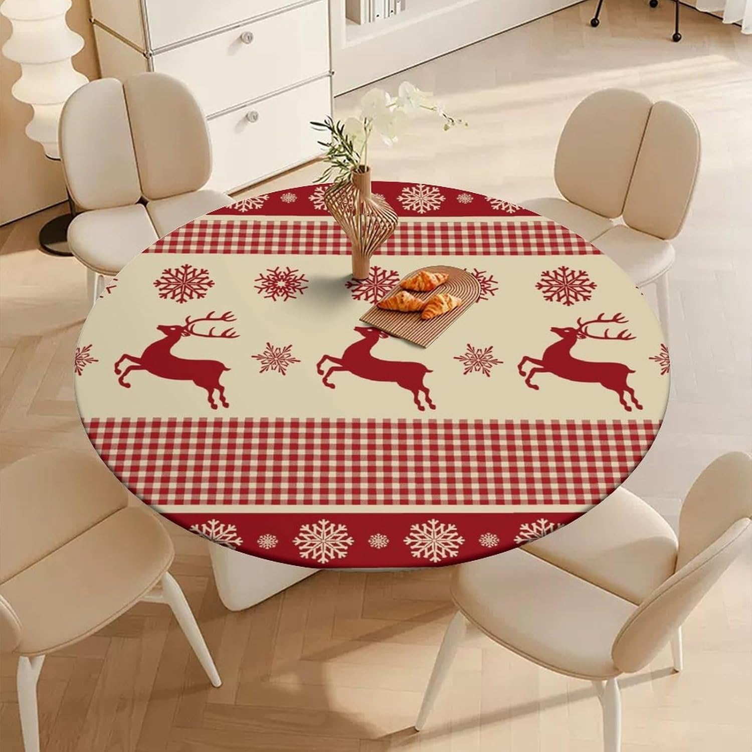 Nappe ronde en polyester de 112 cm lavable à motif renne de Noël