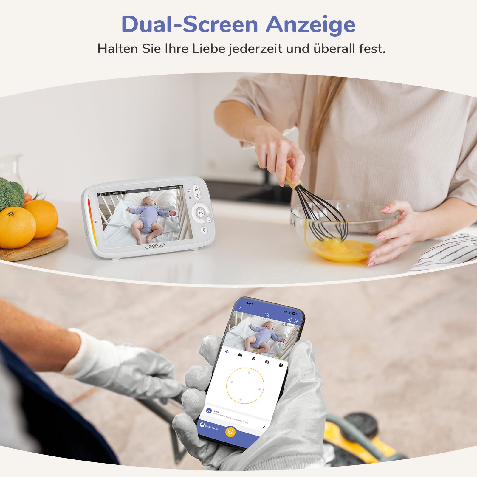 2K/3MP Babyphone mit Kamera APP, 5" WLAN Video Babyfone, HDR-Nachtsicht, Weinen/Bewegungs/Geräusch-Erkennung, Temperaturanzeige