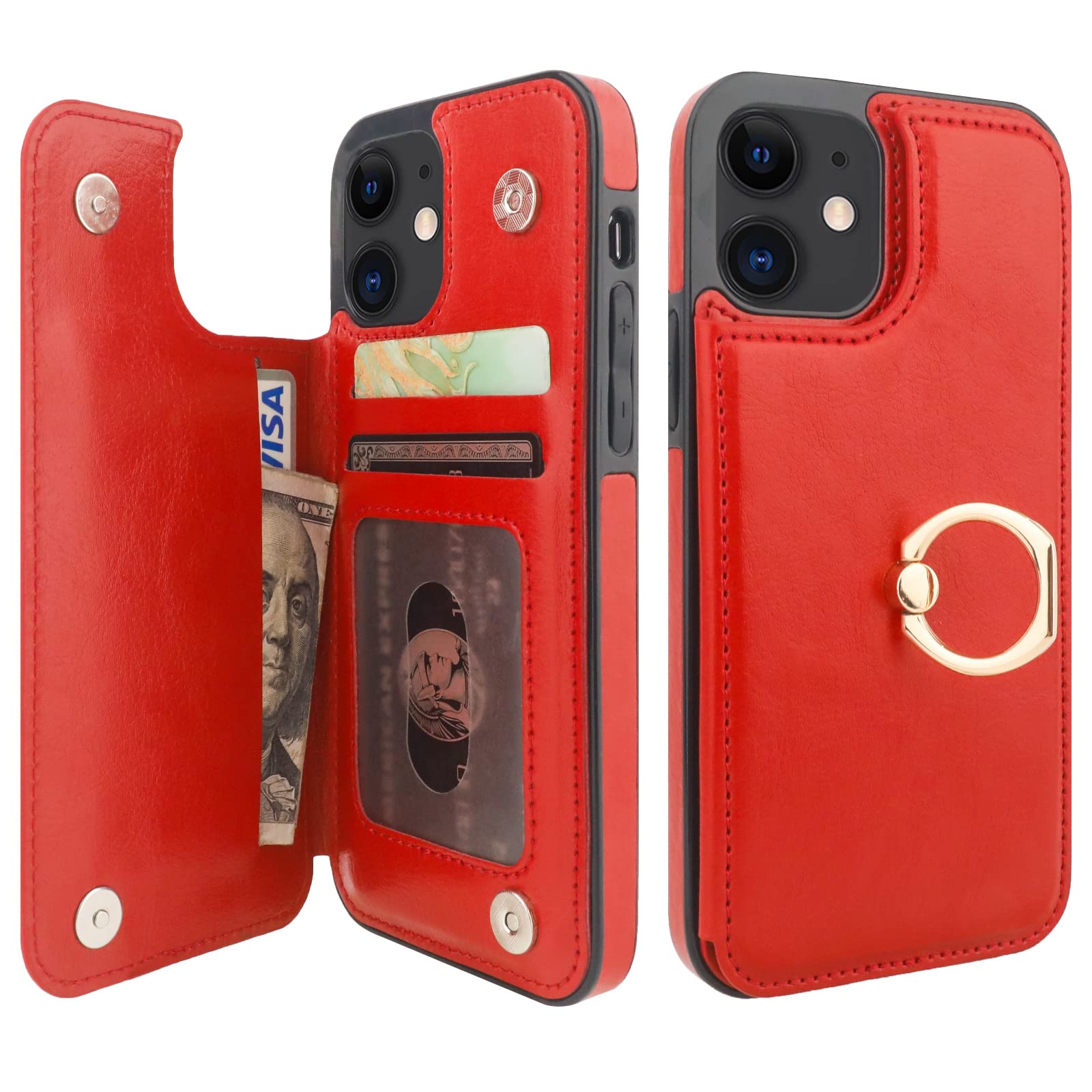 ONETOP for iPhone 12/12 Pro Wallet Case with Card Holder, 360° Rotation Ring Kickstand RFID Blocking PU Leather Double Magnetic Clasp Shockproof Cover