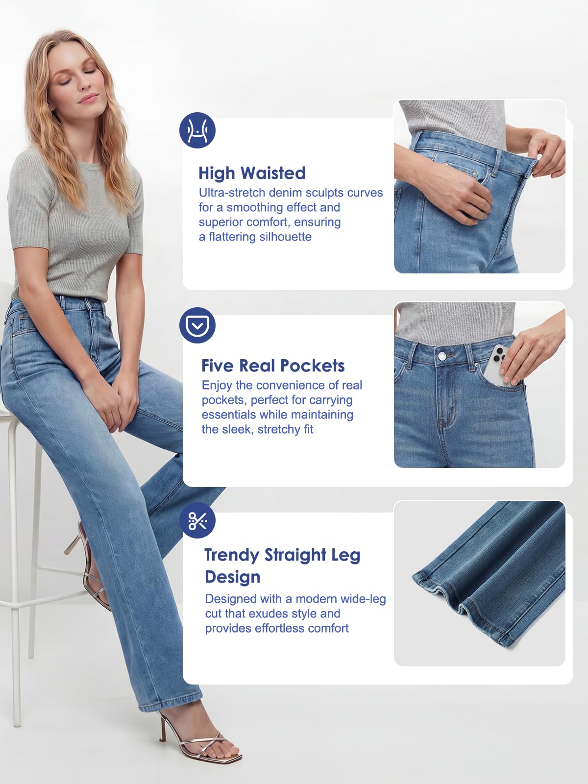 Jean Femme,Taille Haute Wide Leg Fit Jean,Mode Jeans à Jambes Droites, Large Straight Denim Pantalon avec Poches