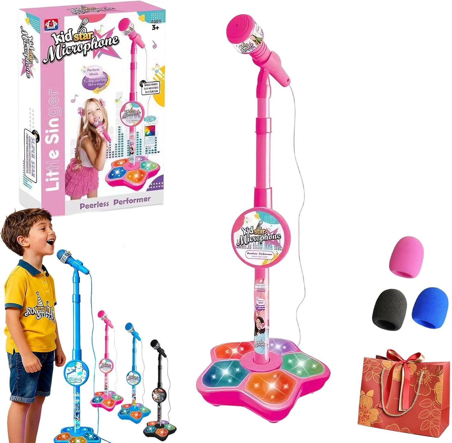 The All-in-One Microphone Toy, Bluetooth Karaoke Machine with Adjustable Stand, Echo Effects, Portable Karaoke Machine for Singing, Music Play, 5 Lights, Perfect for Little Singers (Pink,Nomle)