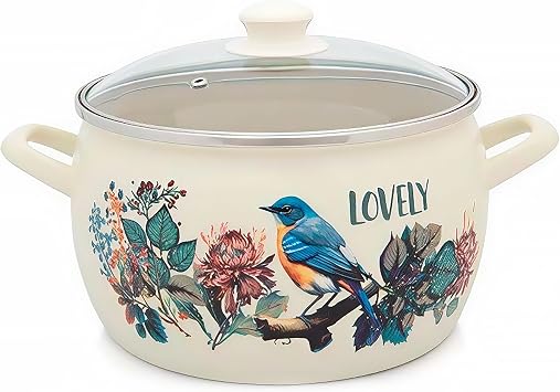Songbird Spherical Enamel Stock Pot with Glass Lid 3.3-qt 3.1 L
