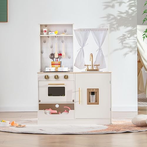 Miniatura 5 de INFANS Juego de cocina para niños, juego de cocina de madera con estufa, fregadero, microondas, armario de almacenamiento, juego de juguetes de