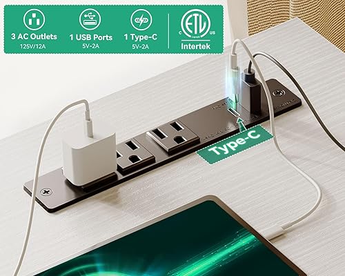 Miniatura 4 de Escritorio para computadora en forma de L con tomas de corriente y 3 cajones de tela, escritorio de oficina reversible con estantes y soporte para