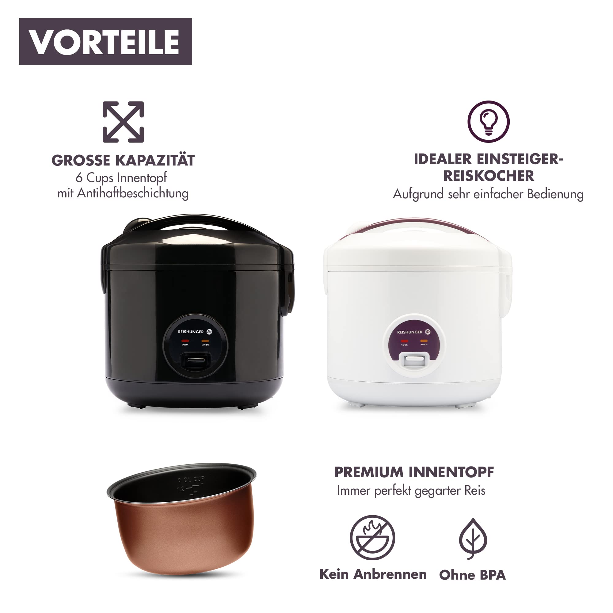 REISHUNGER Reiskocher & Dampfgarer mit Antihaftbeschichtung - Für 1-6 Personen - Schnelle Zubereitung ohne Anbrennen - Mit Warmhaltefunktion inkl. Dämpfeinsatz, Löffel & Messbecher, Weiß