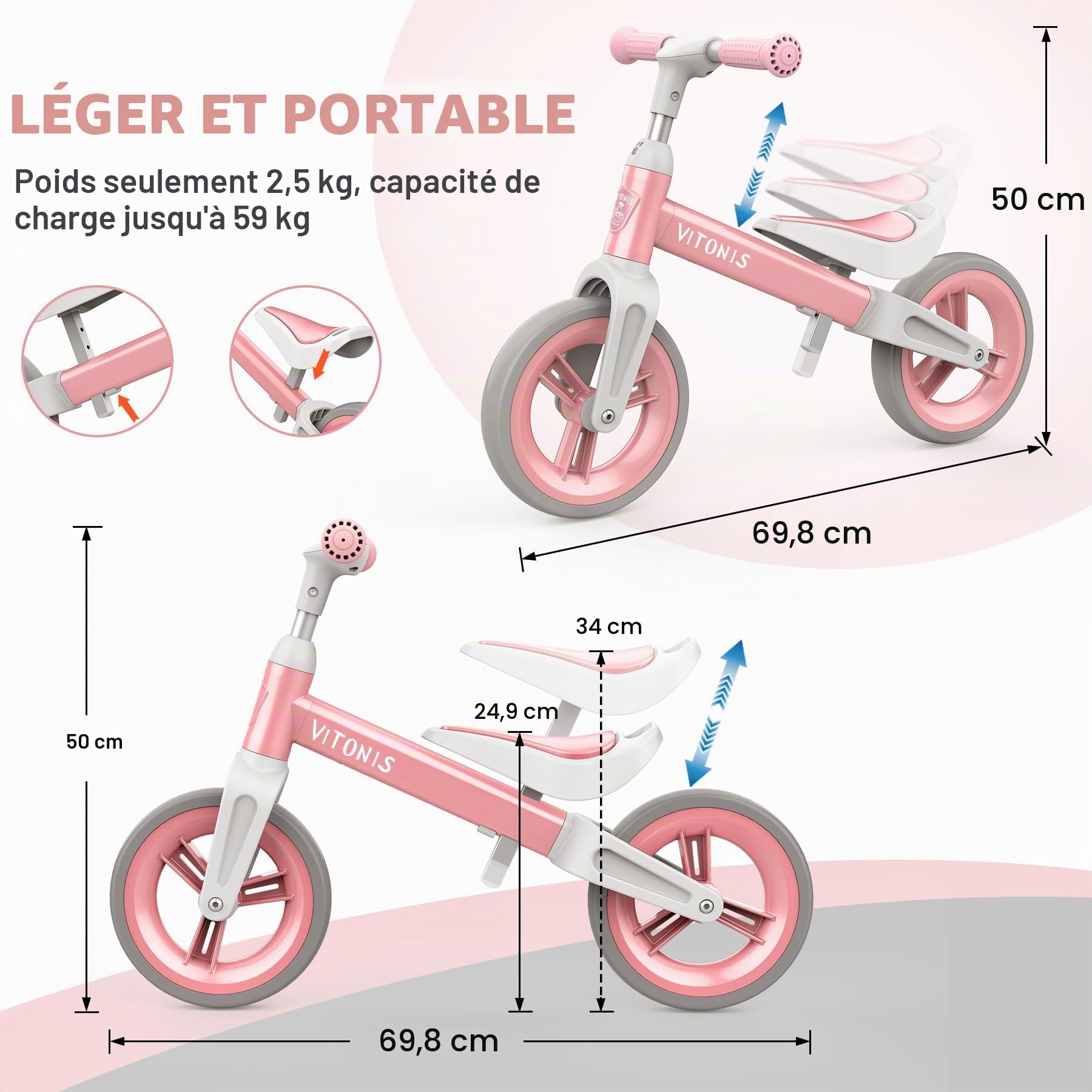 Draisienne Enfants 1.5-4 Ans 25 kg Volant Selle Réglables Antivol Direction Vélo d'Équilibre pour Garçons Filles