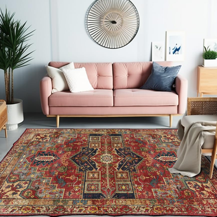 MADREAM Area Rug, Area Rug for Living Room, 4x6 Feet Boho Area Rug Washable for Kitchen Bedroom Farmhouse Decor, Vintage Non-Slip Moroccan Rug. (Red)