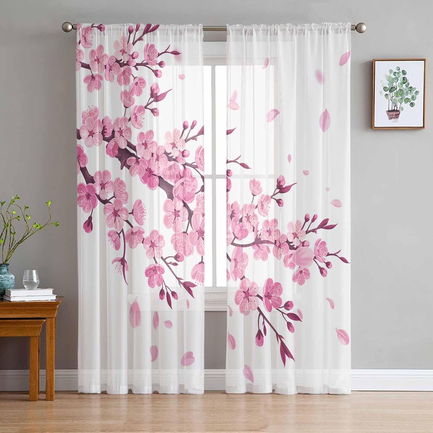 Semi Sheer Curtains Rod Pocket Curtains, Cherry Blossoms Sheer Window Curtains 63 Inch Length 2 Panels Set, Voile Window Drapes for Bedroom Kitchen Living Room Pink Branch Illustraction