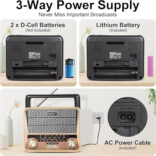 Miniatura 4 de Radio de emergencia portátil AMFMSW con Bluetooth, radio vintage a pilas, batería ACD, tarjeta TFreproducción USB, sonido fuerte para el hogar y al